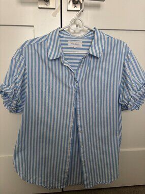 Dear John Blue and White Striped Button-Up Shirt with Ruched Sleeves